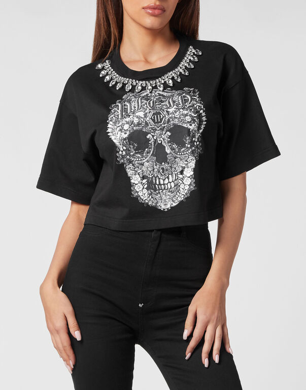 Cropped T-shirt Round Neck Baroque Skull
