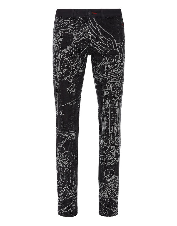 Denim Trousers Super Straight Cut Strass Skeleton tattoo with Crystals
