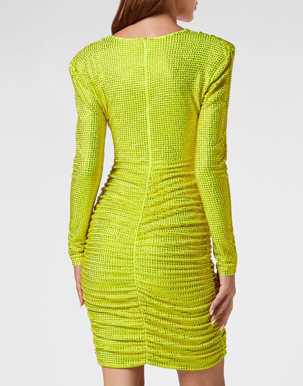 Padded Shoulder Mini Dress LS Fluo Strass