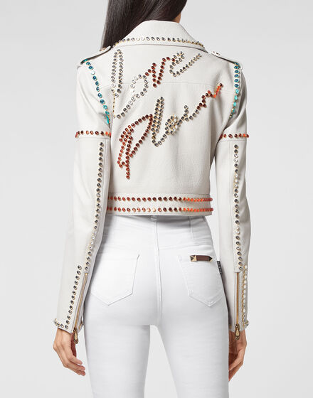 Leather Biker Cropped Crystal Stones with Crystals