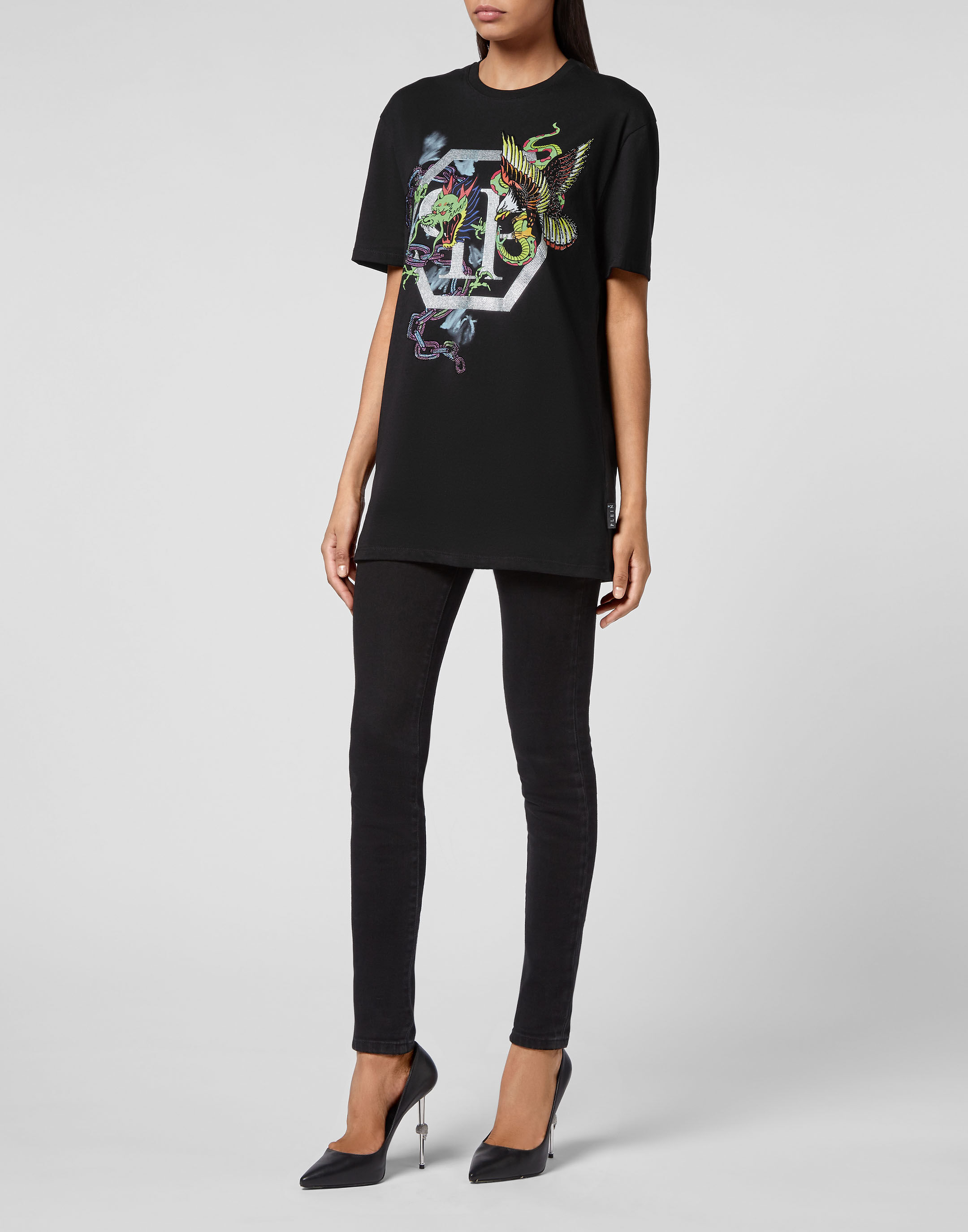 T shirt Round Neck SS Tattoo Patches with Crystals Philipp Plein