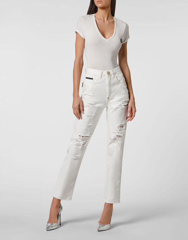 Denim Trousers Mom fit with Crystals