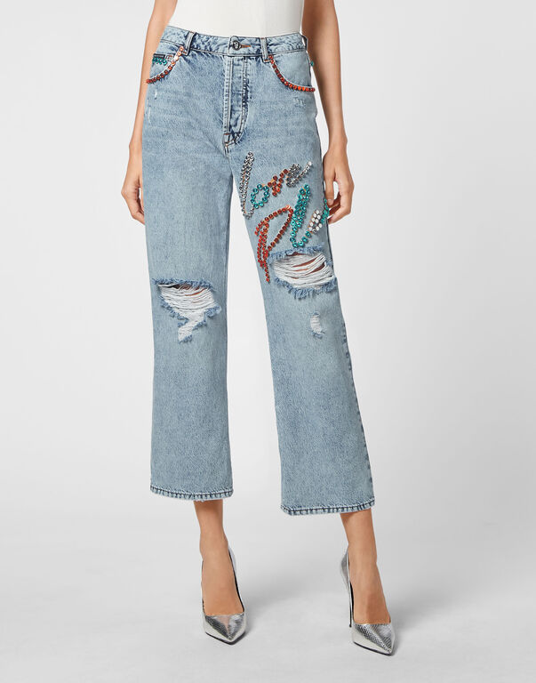 Denim Trousers Super Loose Fit Studs with Crystals