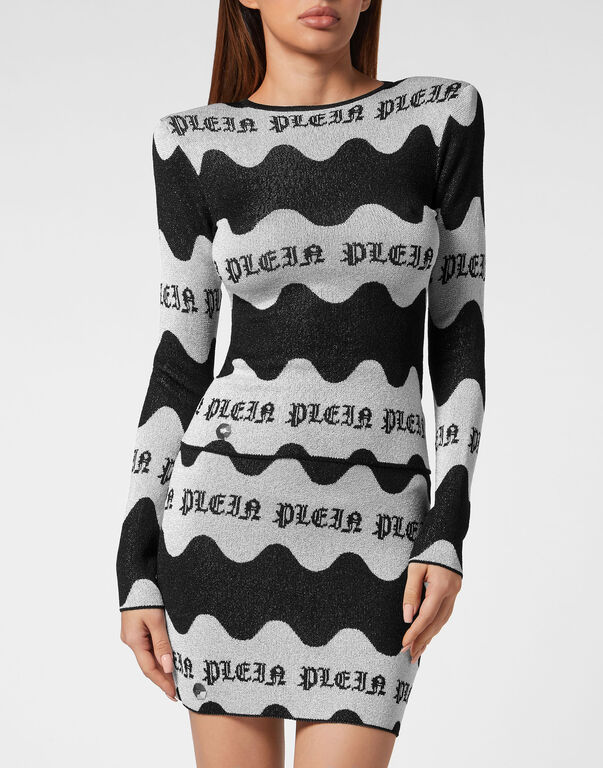 Jacquard Lurex Padded Shoulder Top Waves