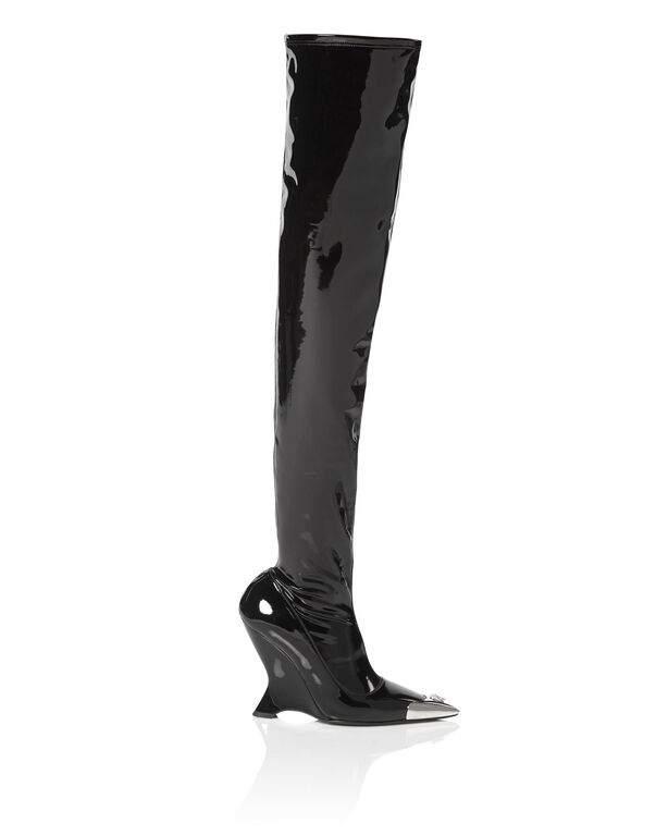 Latex Boots Low Heels Overknee