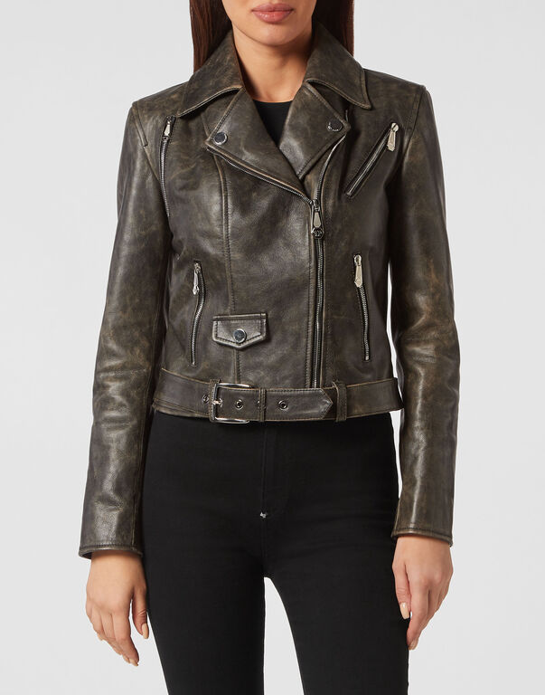 Shoulder Padded Leather Biker Jacket