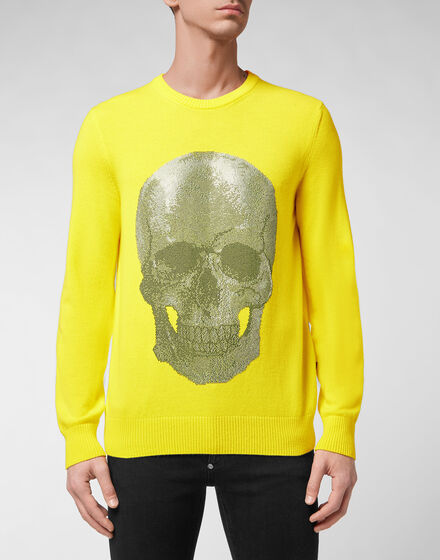 Cashmere Pullover Round Neck LS Iconic Plein with Crystals