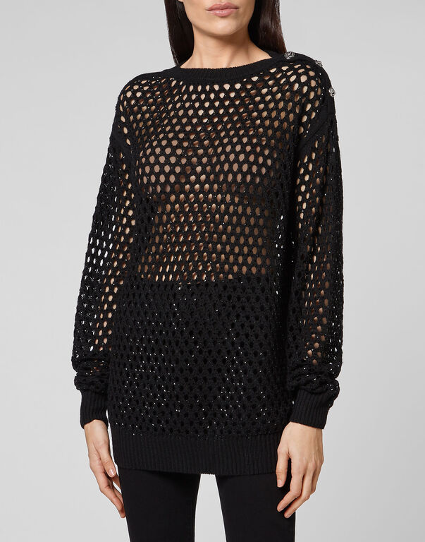 Cashmere 5 Pullover Round Neck LS Fishnet Crystal Cashmere 5 Pullover Round Neck LS Fishnet Crystal