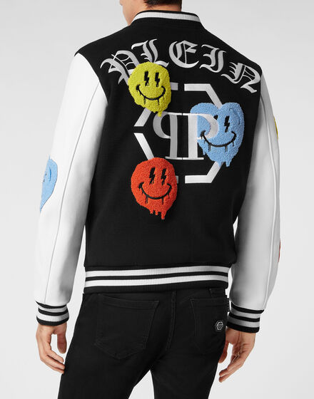 Woolen Cloth College Bomber with Leather Arms Smile