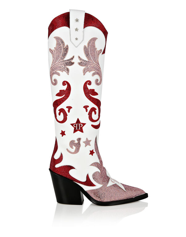 Strass Cow Boy Boots Mid Heels High Stars