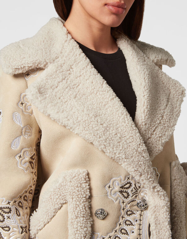 Shearling Oversize Long Coat Paisley Bandana