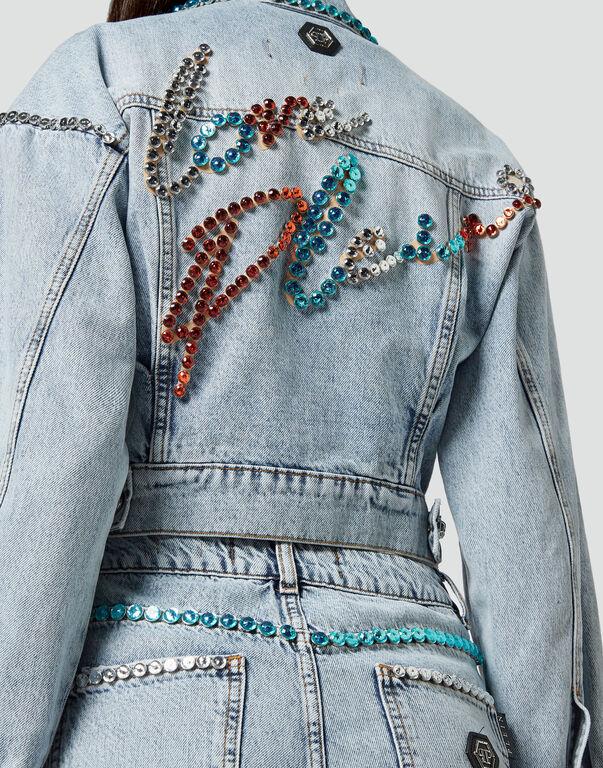 Denim Jacket Cropped Destroyed with Crystals