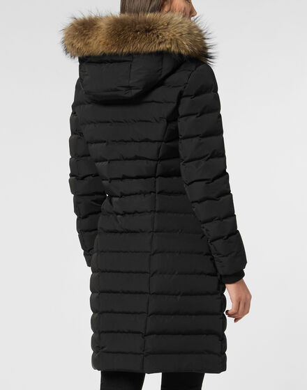 Nylon Puffer Long Down Jacket with Fur Collar