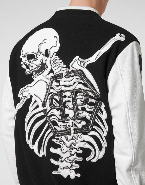College Bomber Leather sleeves Skeleton