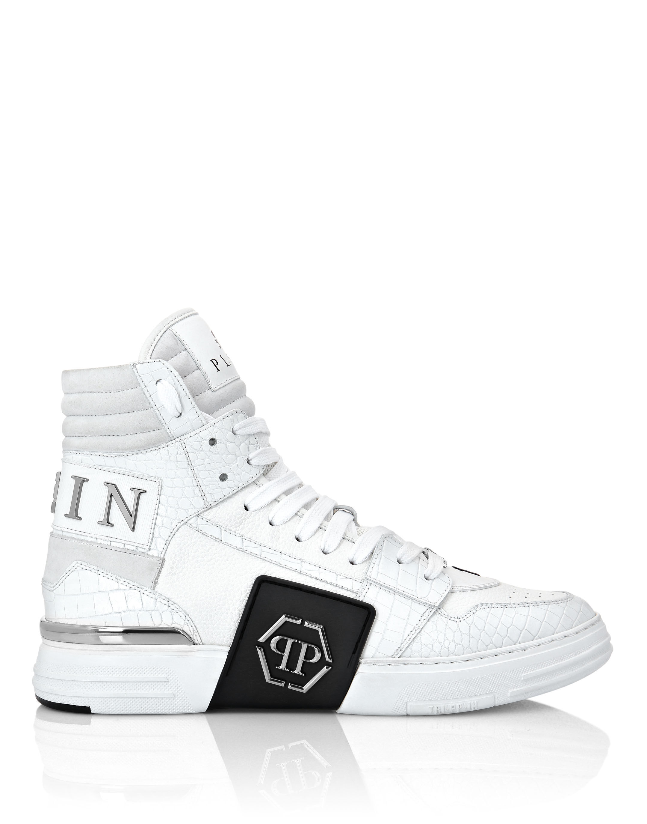 PHILIPP PLEIN ファントムキックロコハッチスニカ 【関税込】 HI-TOP SNEAKERS PHANTOM KICK$ Crocco Platinum HEXAGON