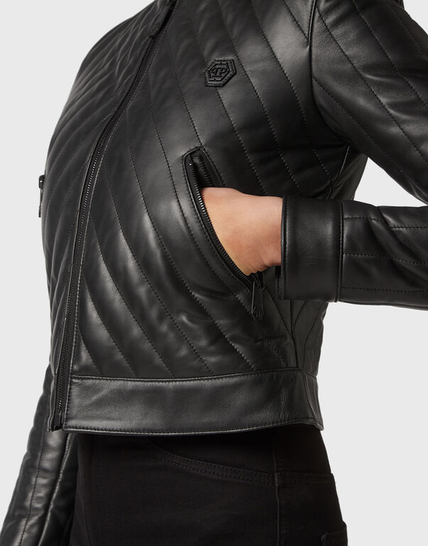 Cropped Padded Matellasse’ Leather Biker Jacket