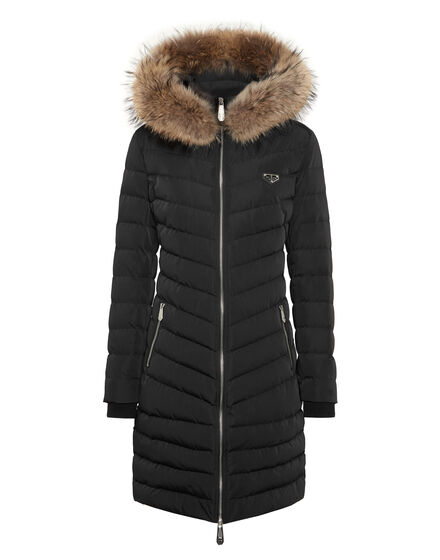Nylon Puffer Long Down Jacket with Fur Collar