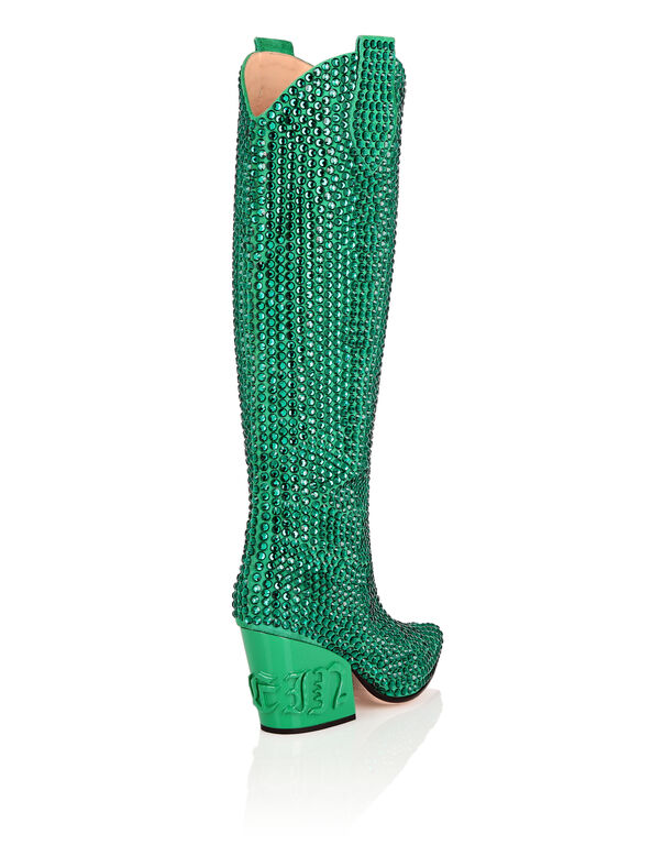 CowBoy Boots Mid Heels High Crystal