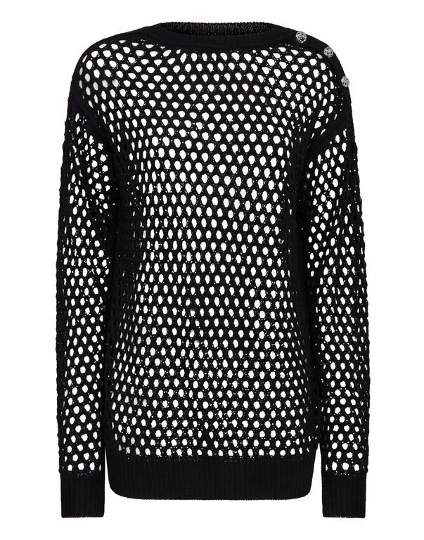 Cashmere 5 Pullover Round Neck LS Fishnet Crystal Cashmere 5 Pullover Round Neck LS Fishnet Crystal