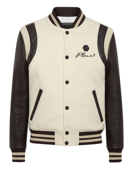 Slim Cut Wool And Leather Bomber Embroidery