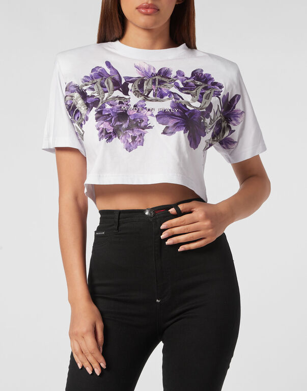 Padded Shoulder Cropped Top Flowers