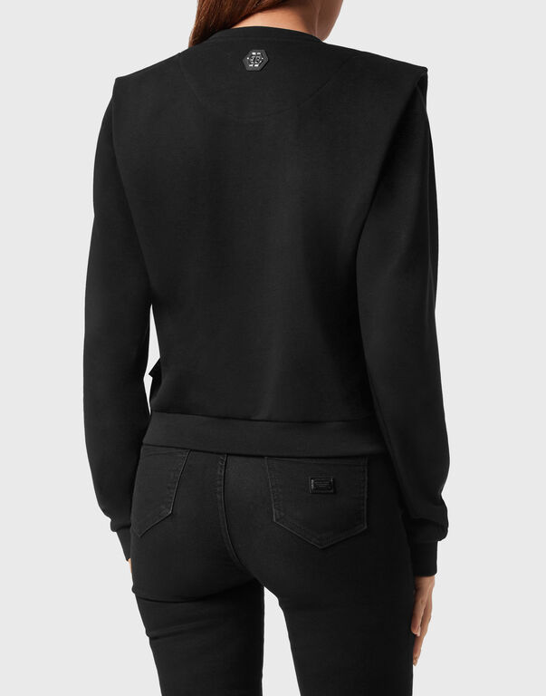 Cropped Padded Shoulder Sweatshirt with Crystals Teddy Bear