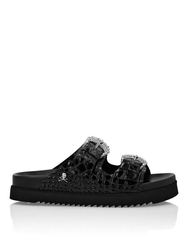 Croco Printed Leather Sandals Flat Crystal