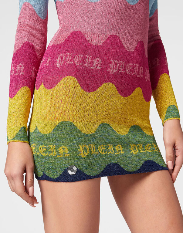 Jacquard Lurex Padded Shoulder Mini Dress Waves