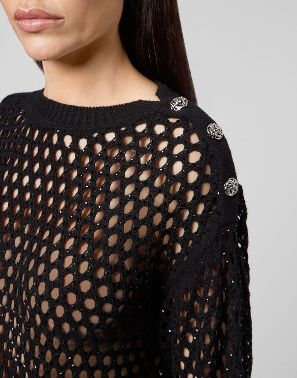 Cashmere 5 Pullover Round Neck LS Fishnet Crystal Cashmere 5 Pullover Round Neck LS Fishnet Crystal