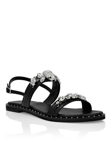 Leather Sandals Flat Crystal