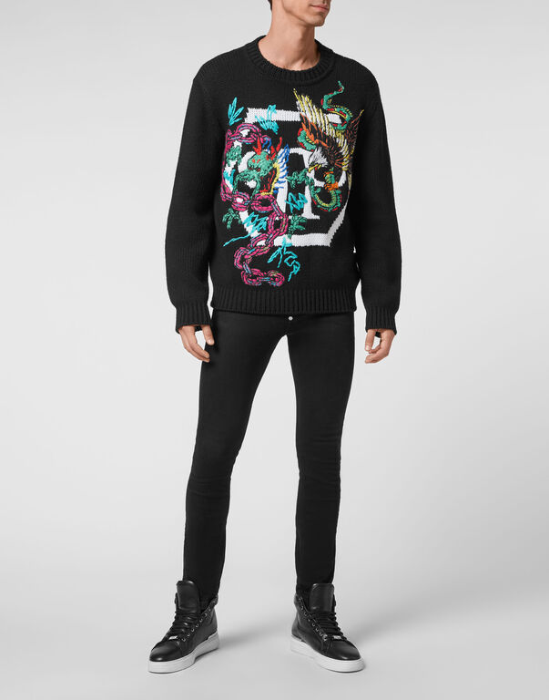 Wool Cotton Pullover Round Neck LS Tattoo Patches