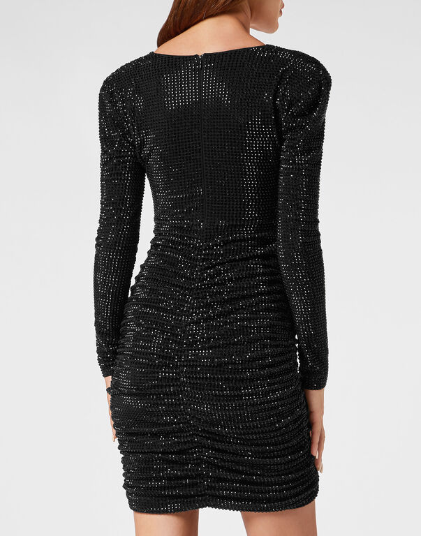 Padded Shoulder Mini Dress LS Fluo Strass