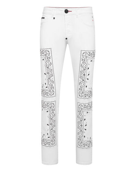 Embroidered Denim Trousers Super Straight Cut Paisley Bandana