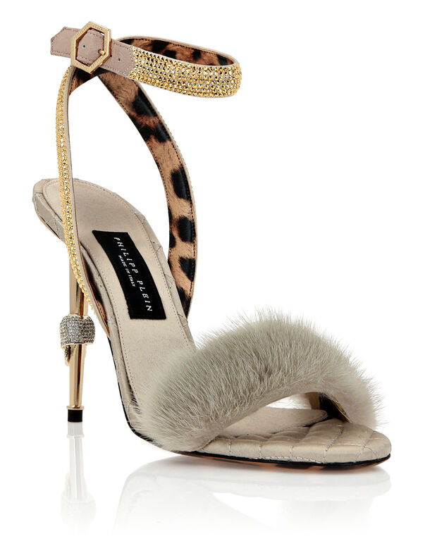 Skull Heel Crystal Embellished Fur Sandals