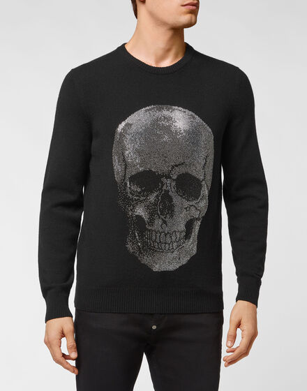 Cashmere Pullover Round Neck LS Iconic Plein with Crystals