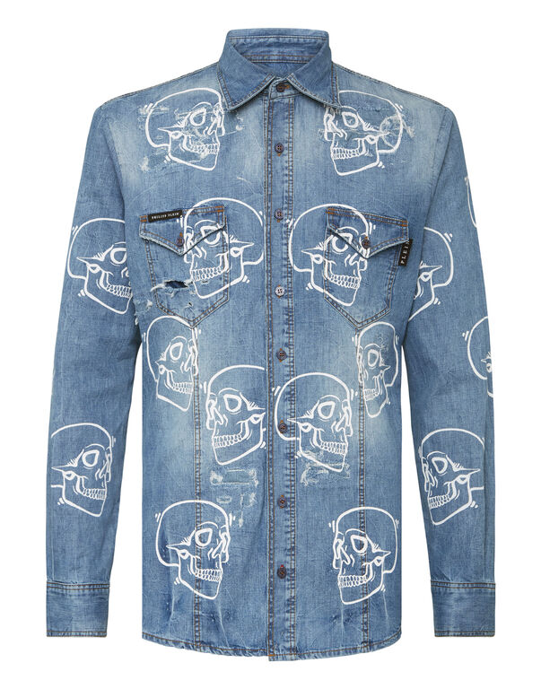 Denim Shirt Ls Allover outline Skull
