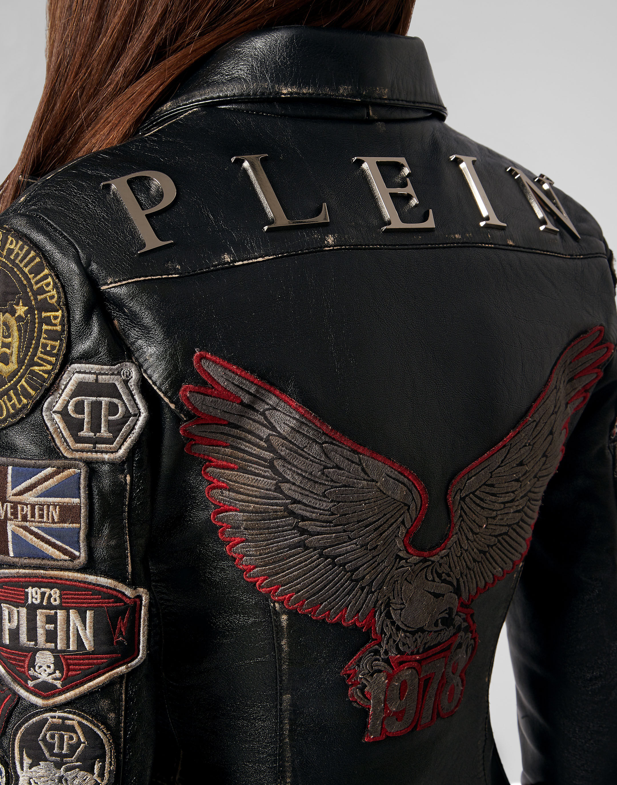 Leather jacket with outlet patches women's