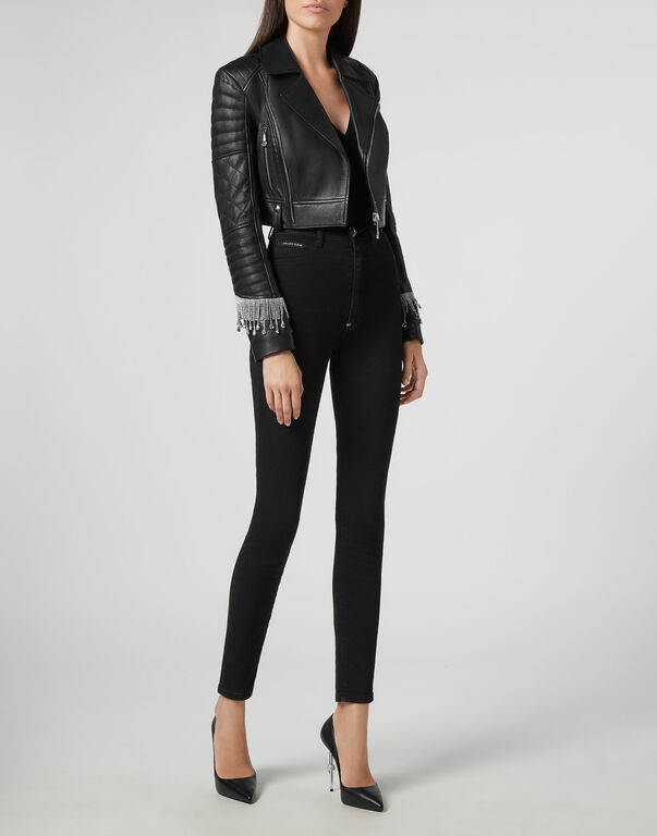 Leather Biker Crystal Fringe