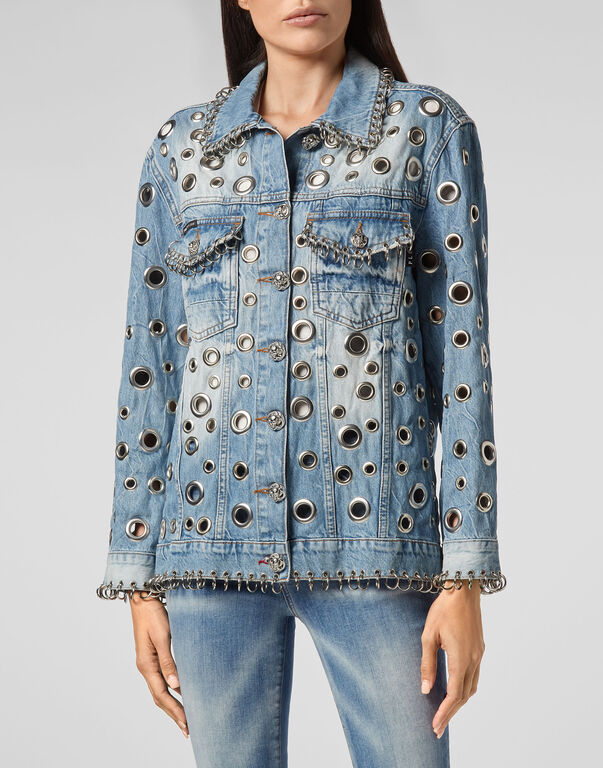 A veces a veces Conclusión Virgen Denim Jacket Metal Rings | Philipp Plein Outlet