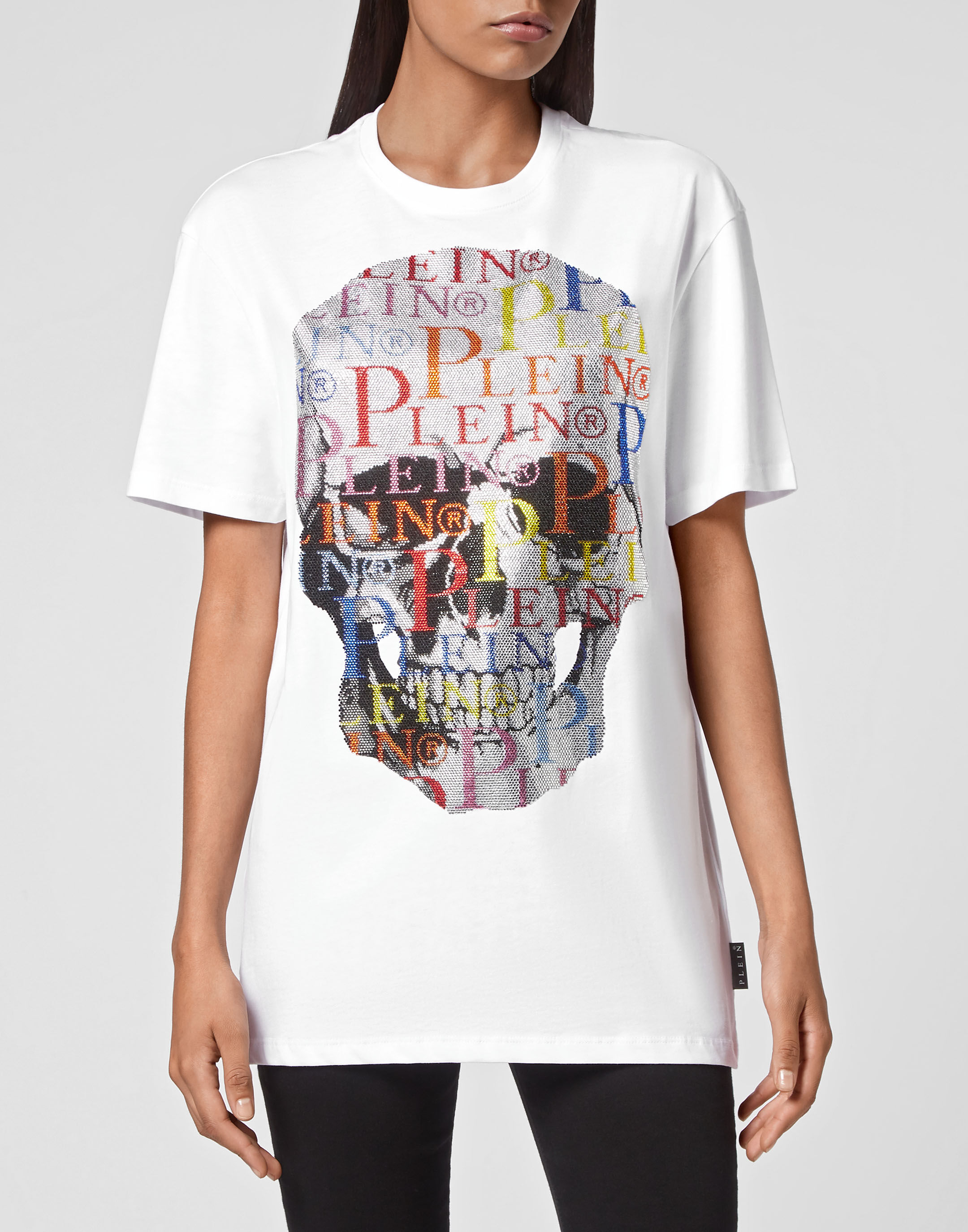 PHILIPP PLEIN スカルフリントラウントネックTシャツ 【関税込】 T-shirt Round Neck SS Multicolor Skull with Crystals