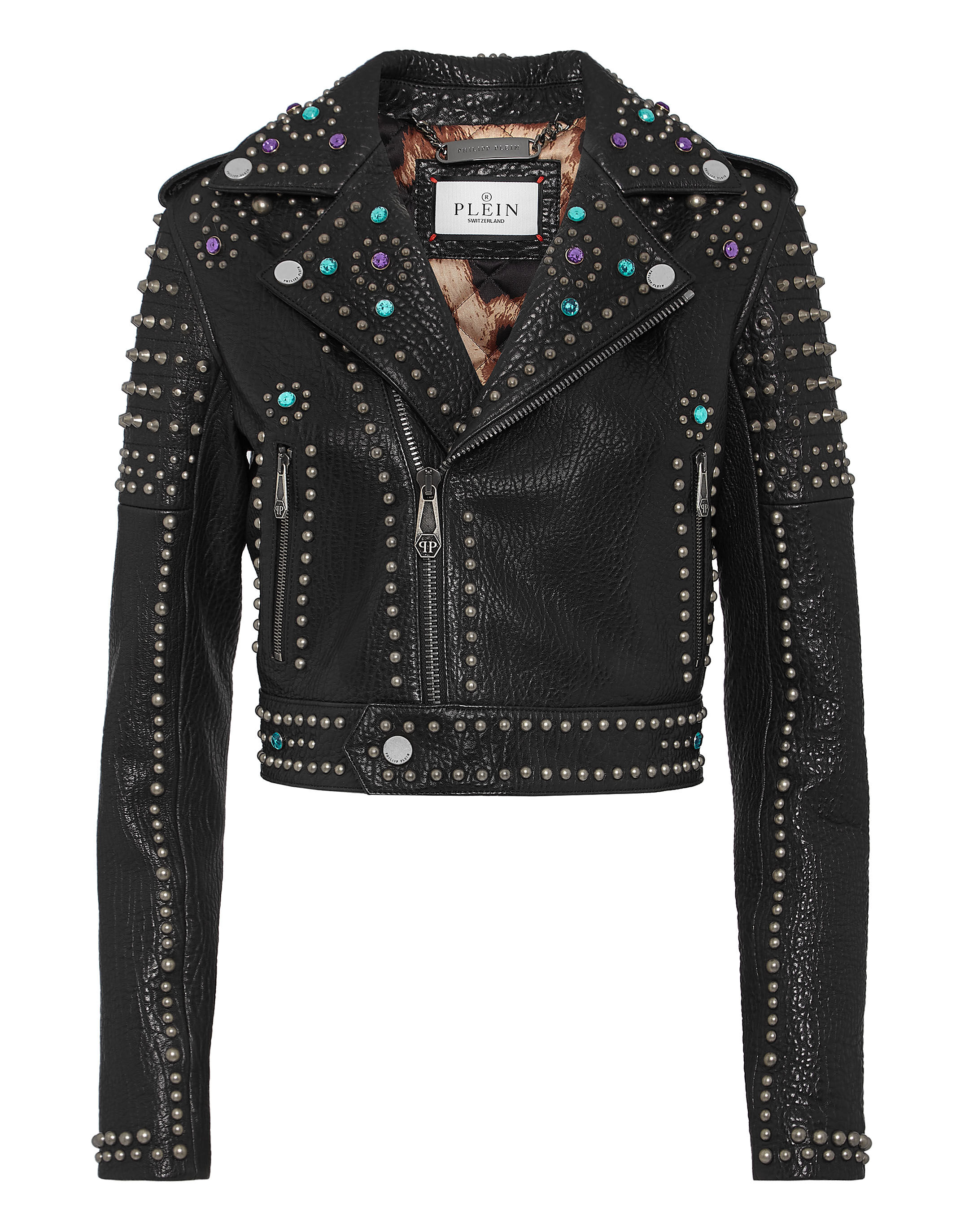 Vintage Leather Cropped Biker Jacket Studs Philipp Plein Outlet