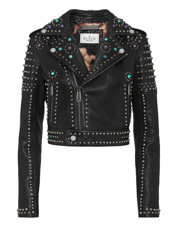 Vintage Leather Cropped Biker Jacket Studs