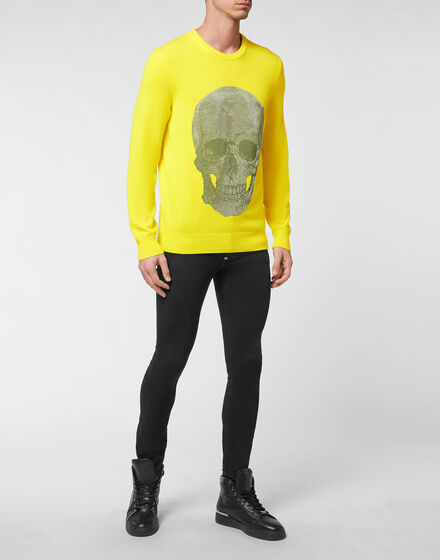 Cashmere Pullover Round Neck LS Iconic Plein with Crystals