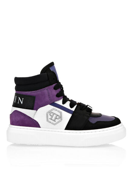LEATHER HI-TOP SNEAKERS MIX MATERIALS HEXAGON AND PLEIN