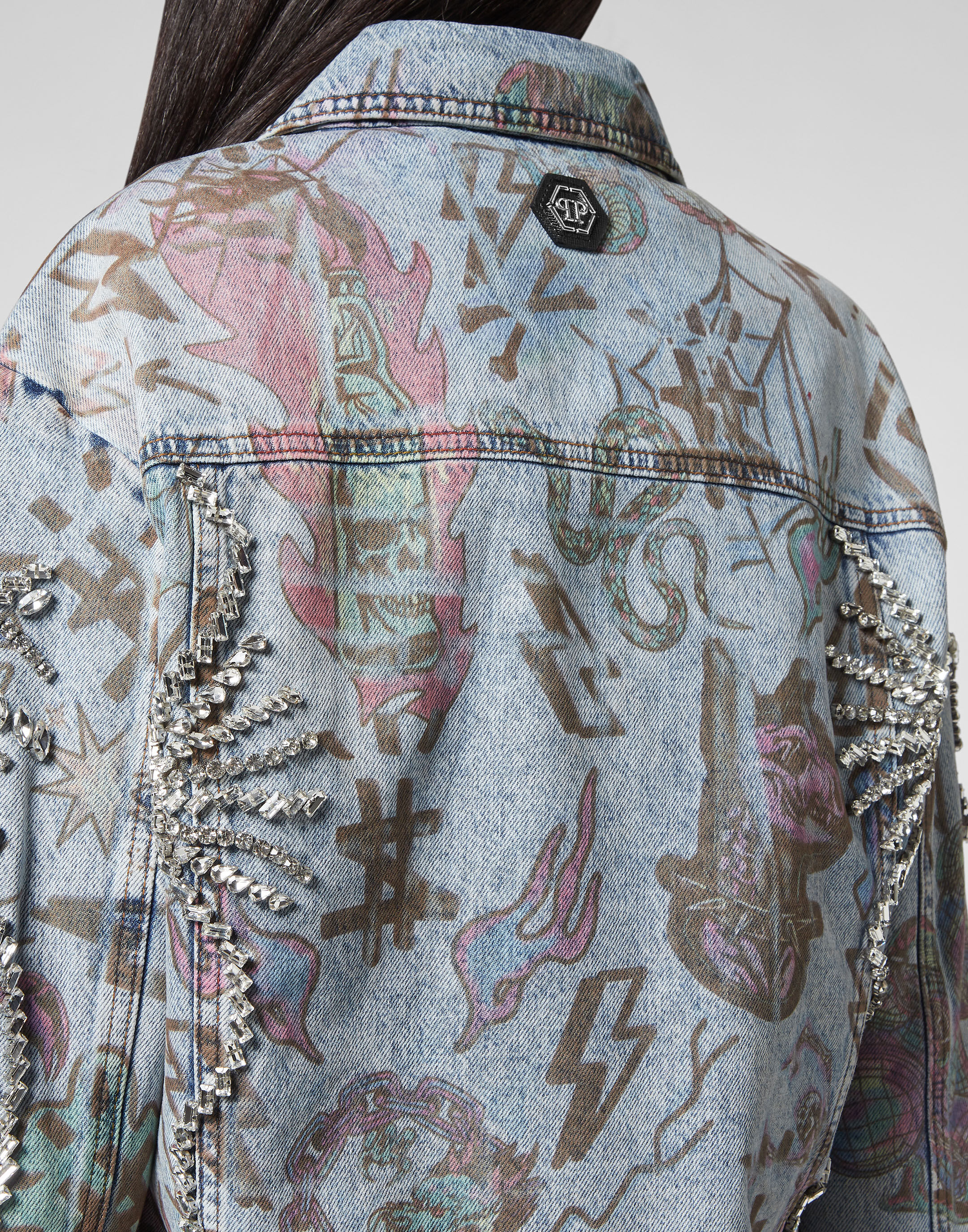 Denim Jacket Oversize Tattoo Monogram with Crystals Philipp