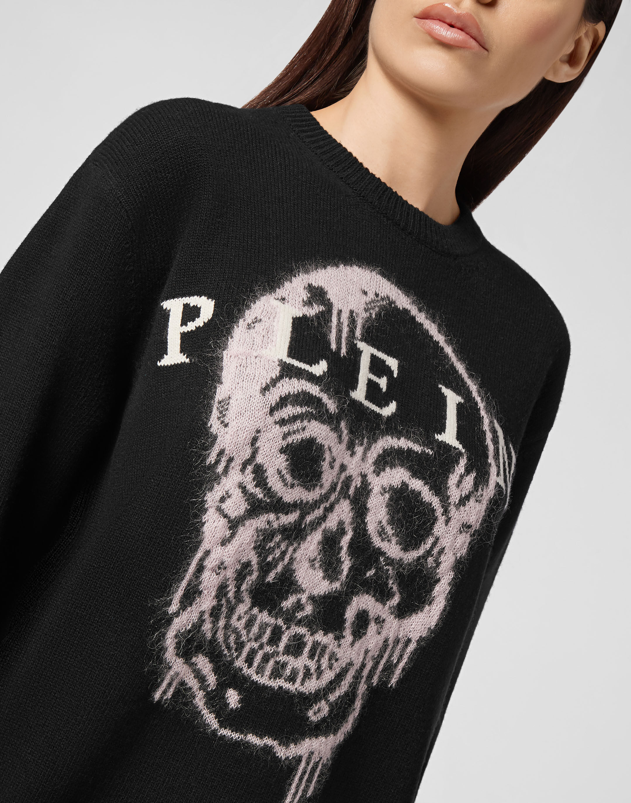 【HI FI FNK】Applique Pigment Oversized Top Pullover Round Neck LS Intarsia Skull | Philipp Plein Outlet