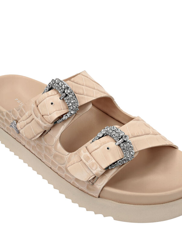 Croco Printed Leather Sandals Flat Crystal