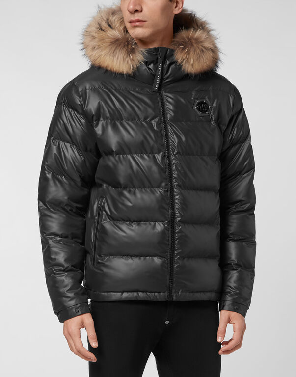 Nylon Padded Jacket With Fur