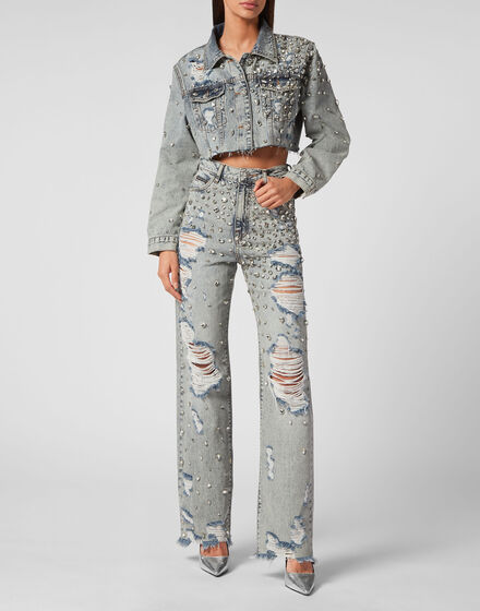 Denim Long Jacket Crystal