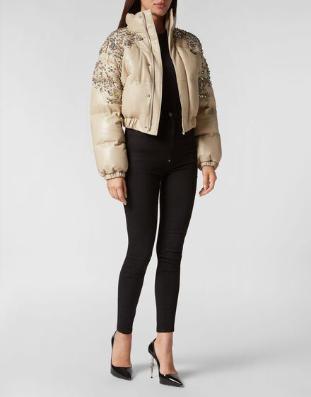 Leather Puffer Jacket Crystal
